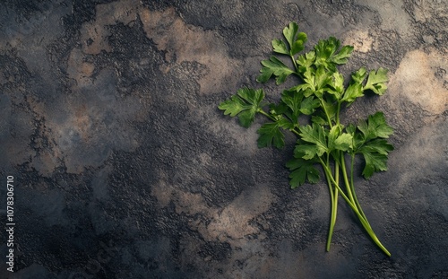 The fresh parsley leaves arranged on a textured surface are illuminated by soft sunlight in a kitchen setting. photo