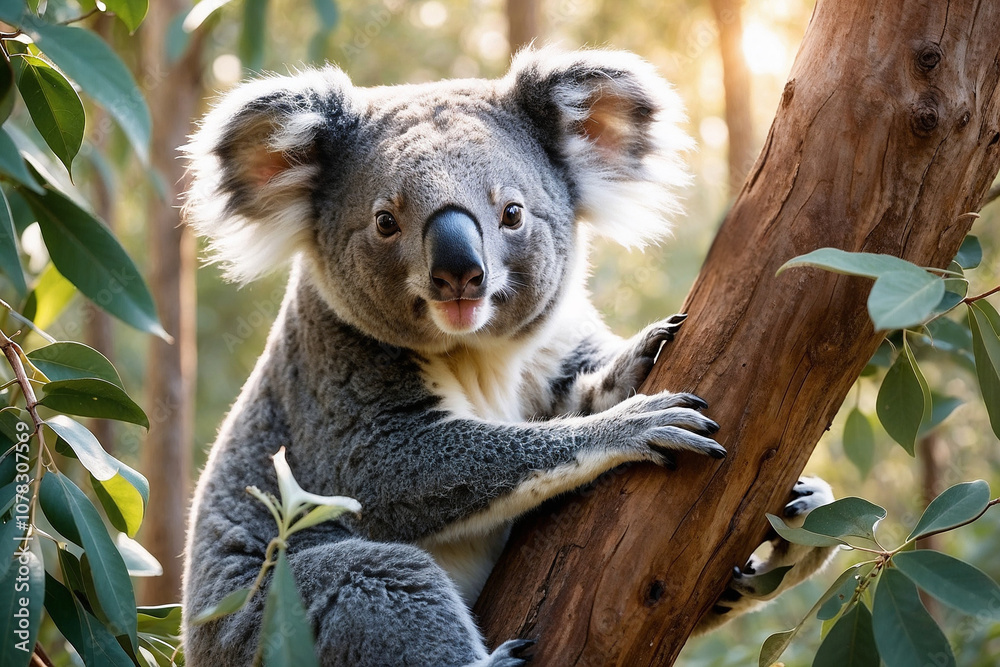 Fototapeta premium Curious Koala with Alert Expression Resting on Tree Against Blurred Forest Background
