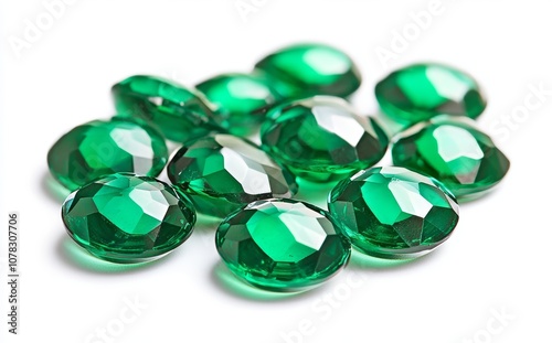 A scattering of green gemstones on a reflective surface creates an elegant and vibrant display of nature's beauty