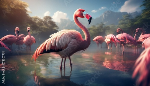 Flamingos thrive in shallow waters and wetlands.   photo