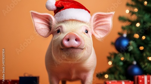 Pig wearing a Santa hat stands in front of a Christmas tree. The scene is festive and joyful, with the pig being the center of attention