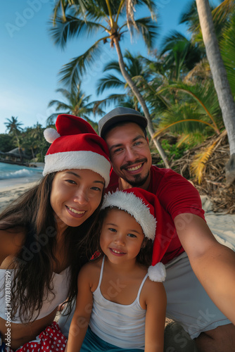 Happy young family wearing Santa’s hats and Christmas sunglasses takes a selfie on the beach against the backdrop of palm trees. Winter holidays in exotic resort, travel photo in a tropical paradise. 