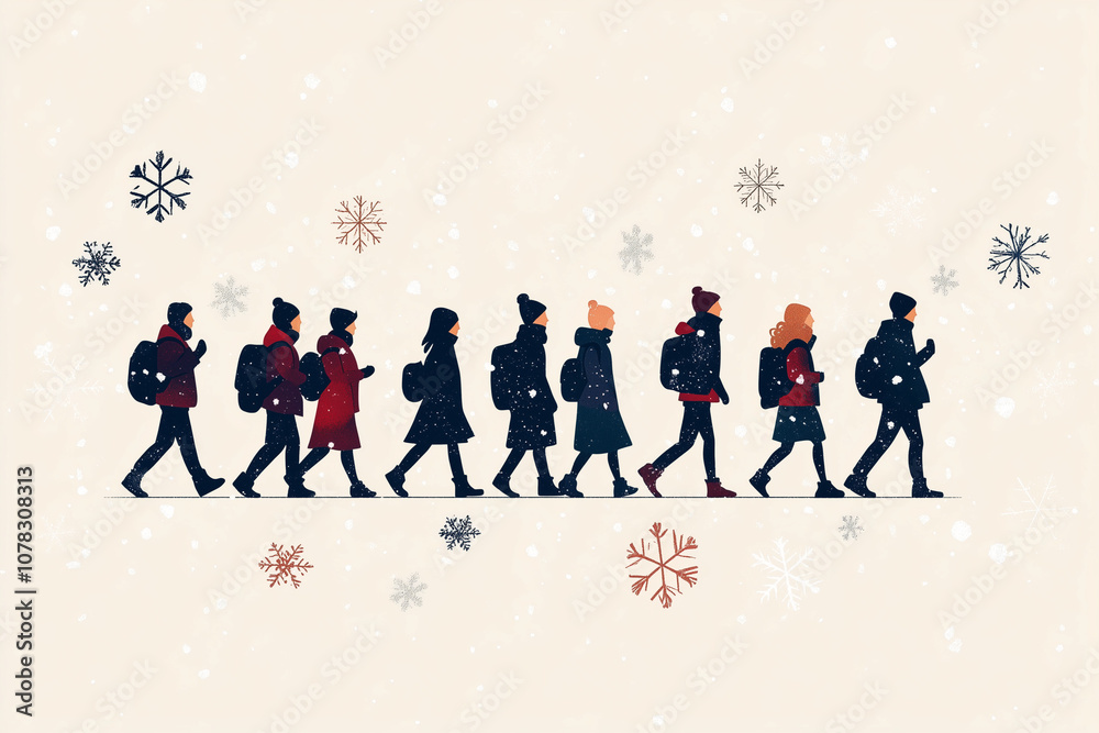 Minimalist illustration of a winter tour with figures in coats and scarves Minimalist illustration of a winter tour with figures in coats and scarves