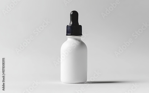 Against a white backdrop, a glass dropper bottle filled with liquid is seen standing on a reflective surface