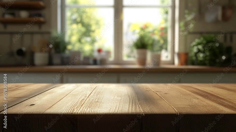 A wooden countertop with a view of a window and potted plants A wooden countertop with a view of a window and potted plants