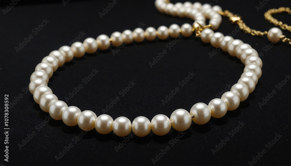 A pearl necklace lies on a black surface A pearl necklace lies on a black surface