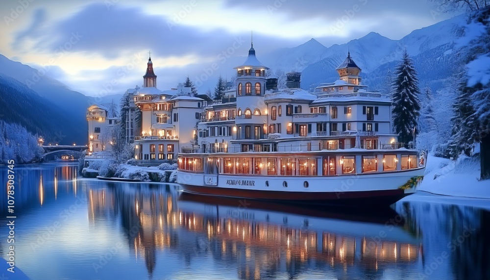Fototapeta premium Winter Wonderland. Majestic Hotel Illuminates a Snowy Mountain Village by the Lake at Sunset