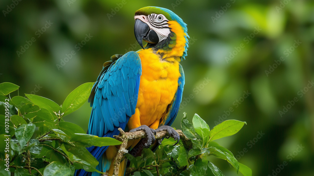 Blue And Yellow Macaw Among Green Foliage In Rainforest Setting Blue And Yellow Macaw Among Green Foliage In Rainforest Setting