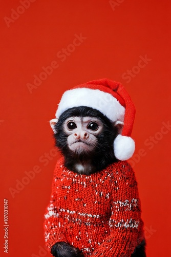 Adorable Monkey in Red Christmas Sweater Santa Hat