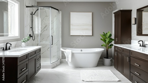 A modern bathroom featuring a freestanding tub, glass shower, dual vanities, and sleek dark cabinetry, accented by natural greenery for a serene ambiance.