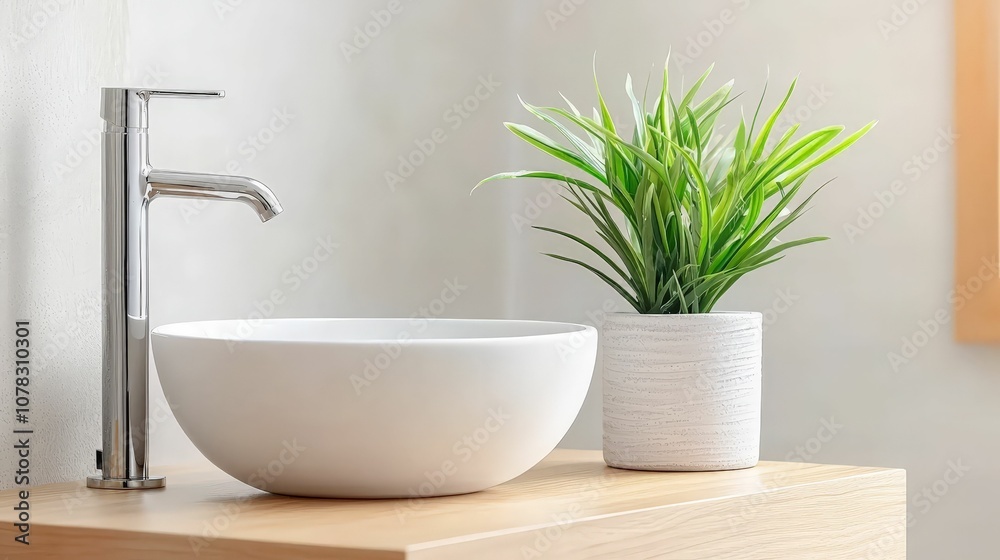 Fototapeta premium A modern bathroom setup featuring a sleek white bowl sink, elegant faucet, and a decorative potted plant, creating a fresh, minimalistic aesthetic.