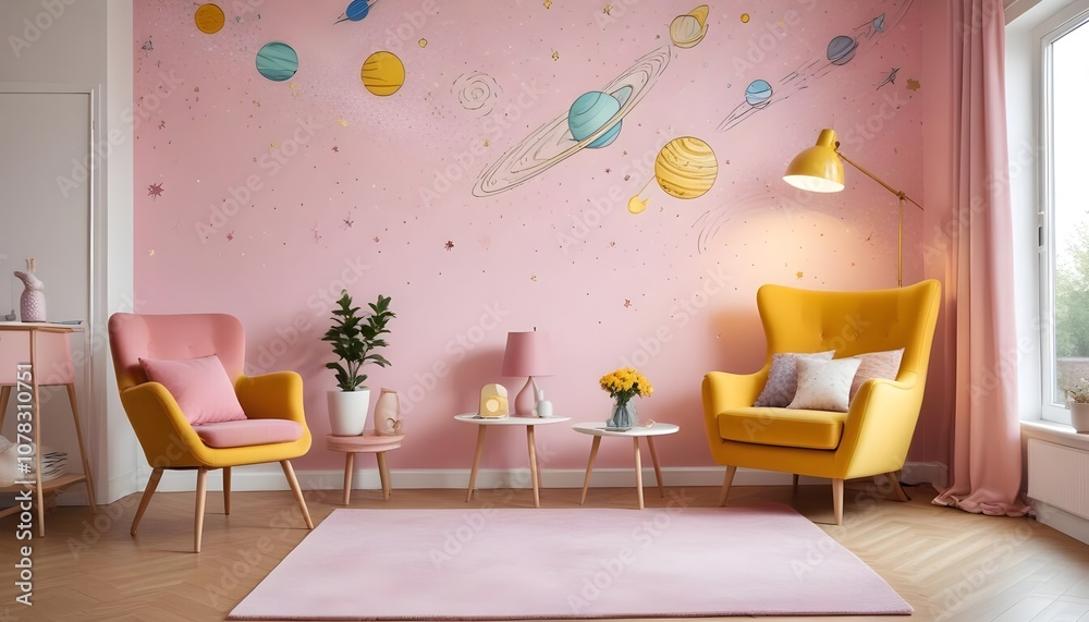 Fototapeta premium Scandinavian living room interior design zoom background,Doodle Galaxy patterned wallpaper graphics