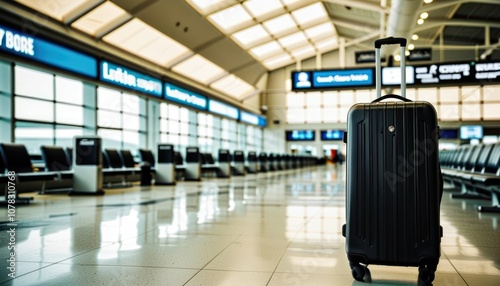 Travel luggage bag in an airport lounge with airport background, template for travel quotes