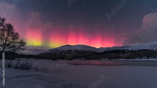 Glowing aurora borealis above a snowy mountain range with star-filled skies