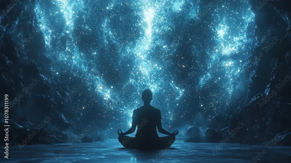 Silhouette of a person meditating in a glowing galaxy Silhouette of a person meditating in a glowing galaxy