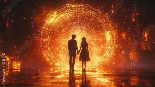 A romantic couple holding hands under a horoscope chart with elemental symbols--fire, water, earth, and air--surrounding them