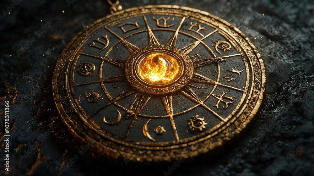 Golden compass with glowing center on dark stone Golden compass with glowing center on dark stone