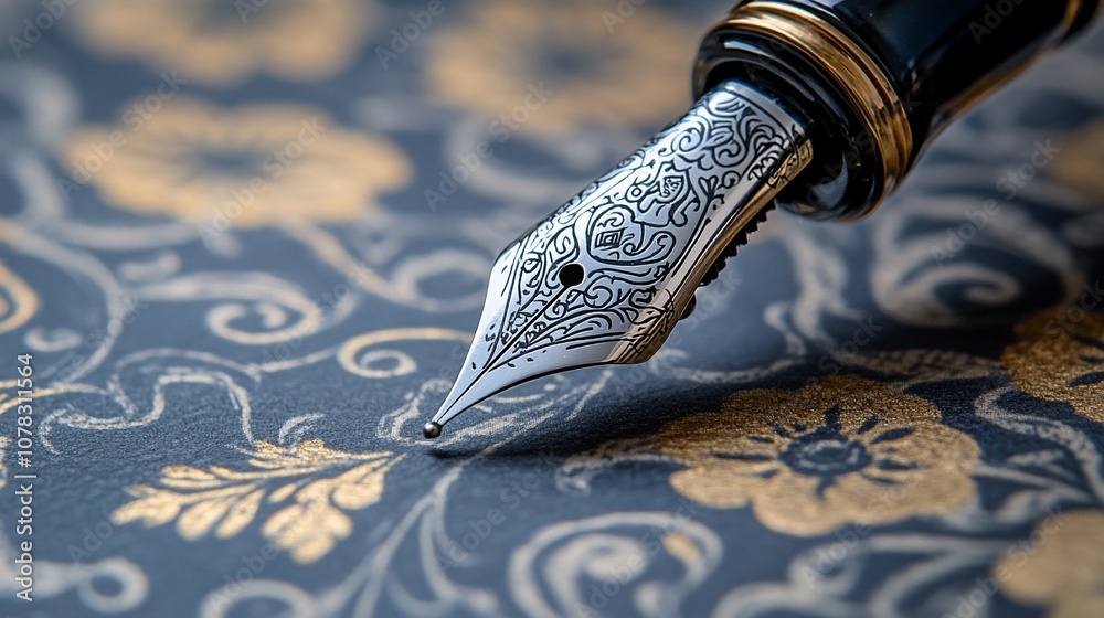 Close-up of a fountain pen nib on a patterned paper. Close-up of a fountain pen nib on a patterned paper.