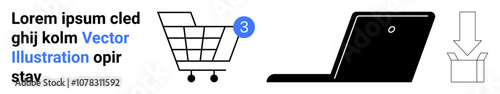 Shopping cart with notification, open laptop, and download icon. Ideal for online shopping, e-commerce, digital purchases, internet transactions, retail technology, user notifications, and web