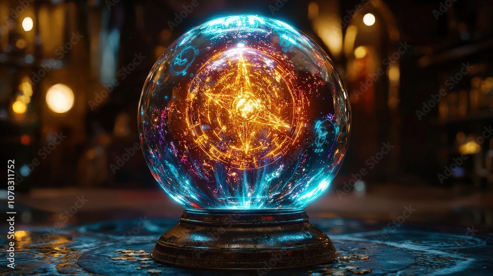 Crystal sphere with zodiac signs and elemental symbols appearing within, surrounded by ethereal light Crystal sphere with zodiac signs and elemental symbols appearing within, surrounded by ethereal light