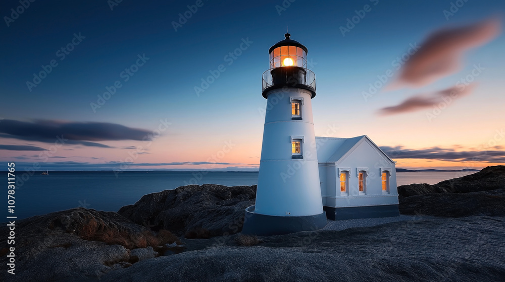 Lighthouse illuminated at dusk or dawn on rocky coastal landscape with calm sea and colorful sky in the background. Lighthouse illuminated at dusk or dawn on rocky coastal landscape with calm sea and colorful sky in the background.