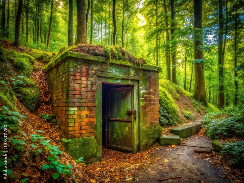 Mysterious Entrance to an Old Brick Bunker in the Woods with Metal Door - Abandoned Nature Hideaway, Urban Exploration, Rustic Charm, Hidden Secrets Mysterious Entrance to an Old Brick Bunker in the Woods with Metal Door - Abandoned Nature Hideaway, Urban Exploration, Rustic Charm, Hidden Secrets