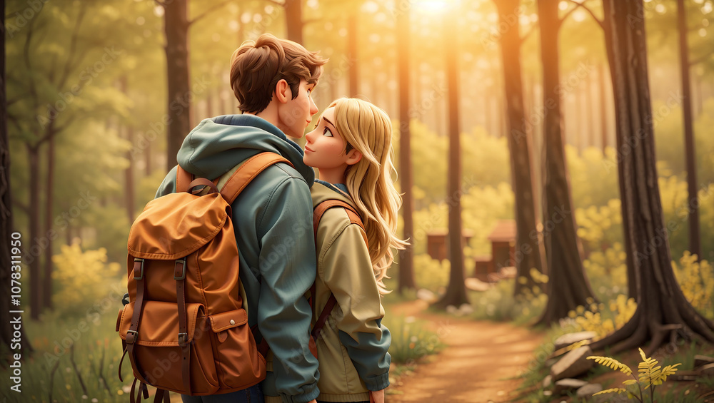 A couple with backpacks, walking hand-in-hand in a sunlit forest path. A couple with backpacks, walking hand-in-hand in a sunlit forest path.