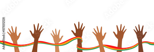 Raised hand design with flag decoration and heart image themed Black History Month. Design for Black History Month campaign with transparent background.