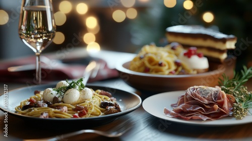 A classic Italian menu featuring an antipasto platter with prosciutto and mozzarella