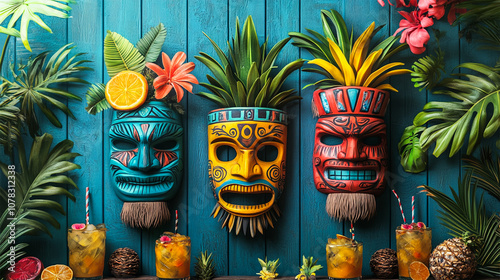 Multicolored wooden tiki mask to tropical cocktails in Tahiti, photo