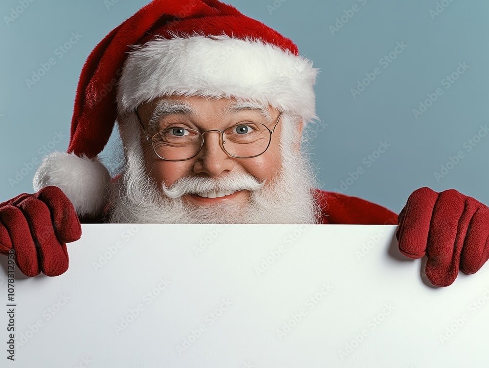 Naklejka premium Smiling Santa Claus holding a white board. The white board is blank and the man is wearing red gloves