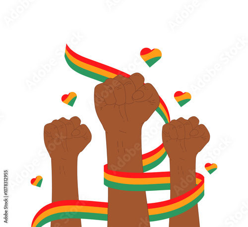Raised hand design with flag decoration and heart image themed Black History Month. Design for Black History Month campaign with transparent background.