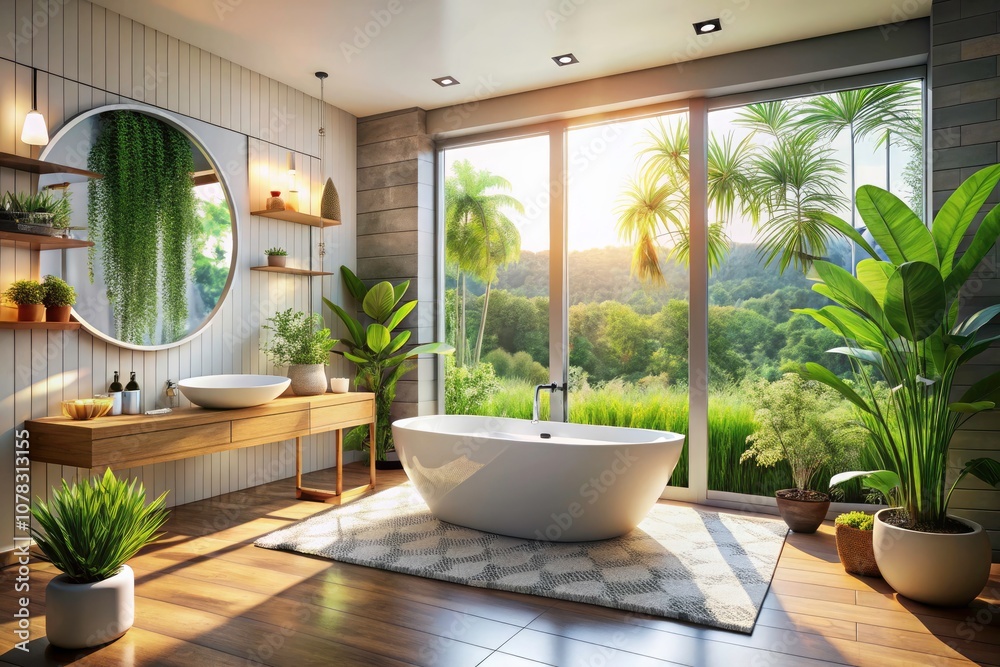 Fototapeta premium Serene Bathroom Oasis with Bathtub and Natural Light Streaming Through Window