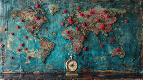 A textured world map with red markers and a compass, suggesting travel and exploration. photo