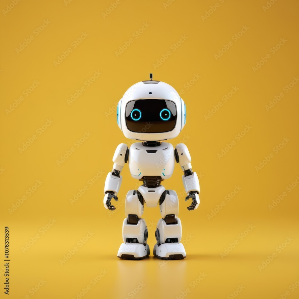 Cute white smiling robotic teen, mini unit robot toy gesturing isolated in the yellow solid color background, 3d rendering