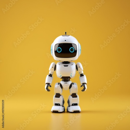 Cute white smiling robotic teen, mini unit robot toy gesturing isolated in the yellow solid color background, 3d rendering