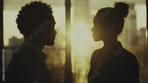 Diversiyt and Equality: Silhouettes of man and woman against sunset backdrop, showcasing collaboration and connection