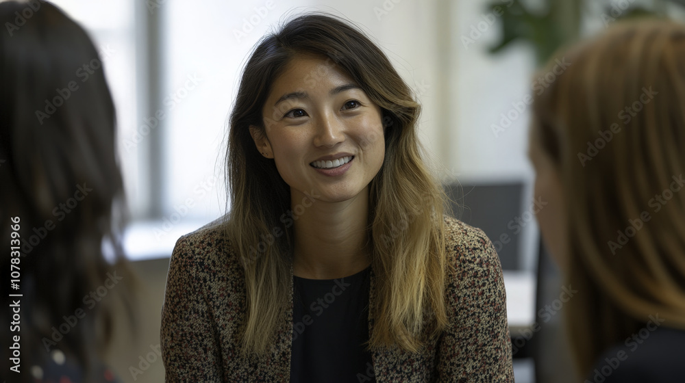 Diversity, Equality: Smiling woman engaging in discussion with colleagues in office