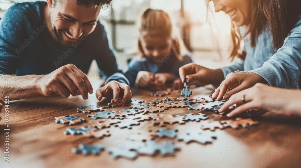 A family gathers around a table, happily working on a jigsaw puzzle and sharing smiles