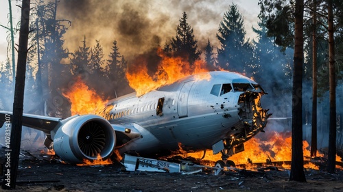 Burning wreckage of crashed airplane engulfed in flames in a forest setting with heavy smoke. Documentary photography of aviation disaster aftermath photo