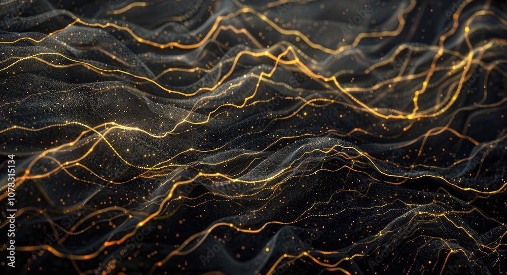 Golden Grunge Background. Black Background With Textures Of Waved Golden Lines Golden Grunge Background. Black Background With Textures Of Waved Golden Lines