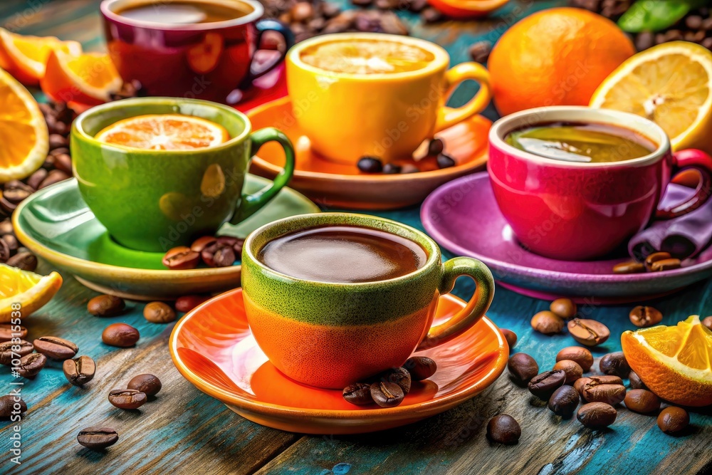 Vibrant Coffee Cups with Abstract Art and Citrus Infusion for Product Photography Vibrant Coffee Cups with Abstract Art and Citrus Infusion for Product Photography