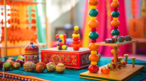 Colorful Wooden Toys Displayed in Vibrant Setting with Traditional Patterns and Textiles Showcasing Cultural Craftsmanship and Artistic Design Aesthetic