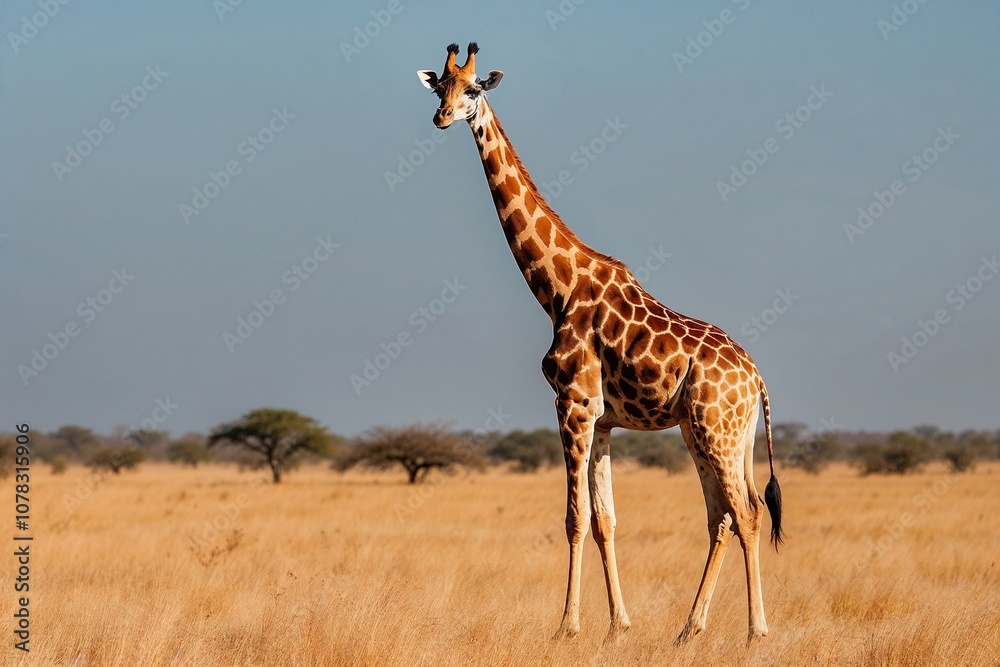 Obraz premium Curious Giraffe Standing Alert in Golden Savanna Under Clear Blue Sky