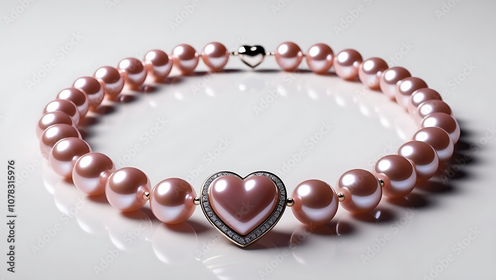 A delicate pearl necklace with a heart pendant on a white background. A delicate pearl necklace with a heart pendant on a white background.