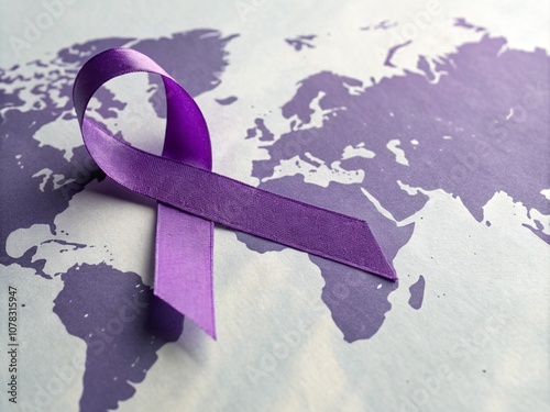 3D Purple Awareness Ribbon on Light Purple World Map Background