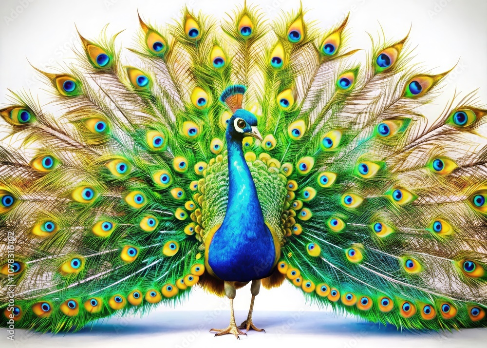 Fototapeta premium Vibrant Surreal Peacock Displaying Colorful Feathers Against a Pure White Background for Stunning Visual Impact