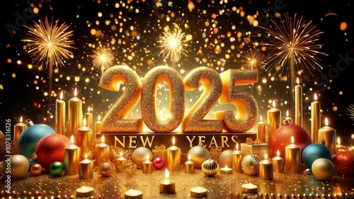 New Year 2025 Celebration | Golden Glittering 3D Animation with Festive Particles and Fireworks