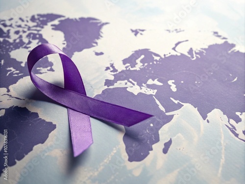 3D Purple Awareness Ribbon on Light Purple World Map Background