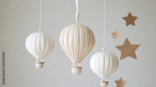 Three cream-colored hot air balloons with wooden baskets hang from the ceiling, with brown star cutouts on the wall behind them.